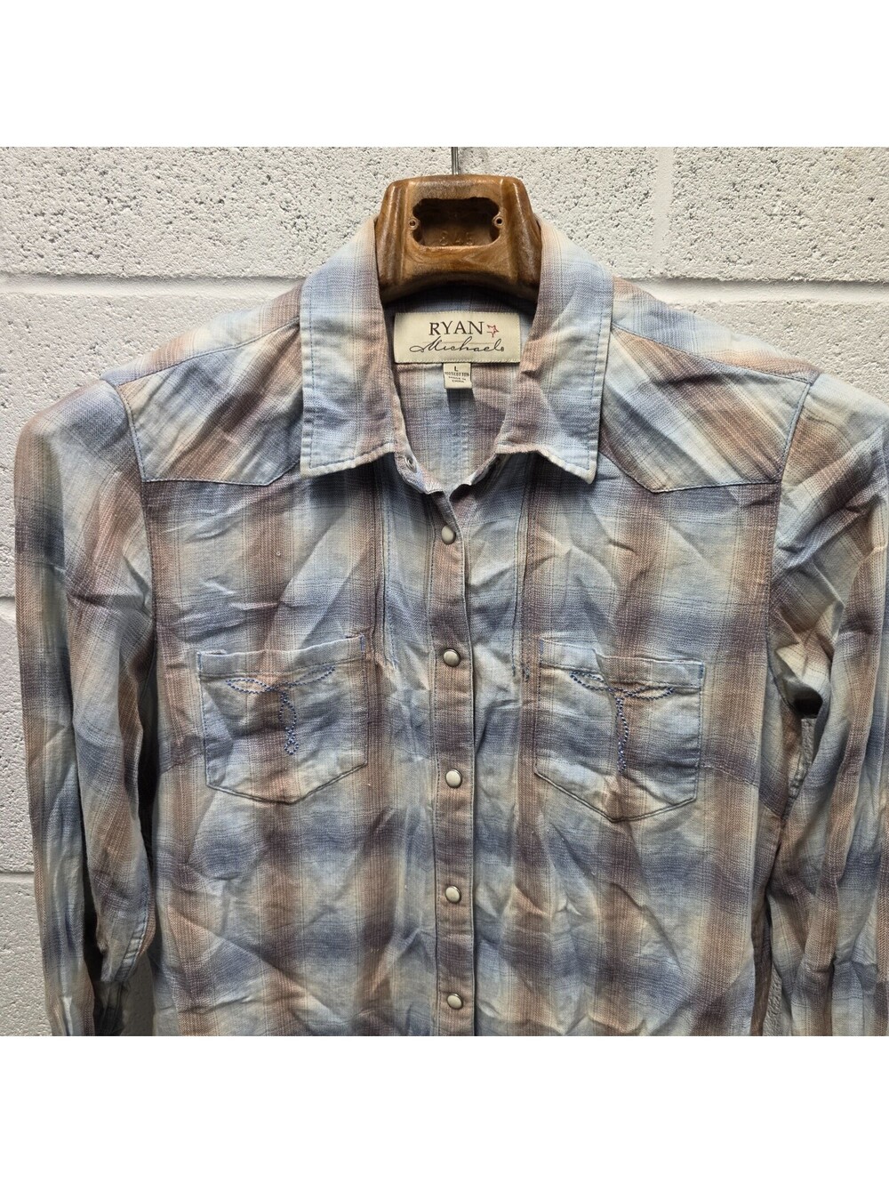 Ryan Michael Western Teal BN Plaid Shirt Women's L Embroidered Long Sleeve Snaps